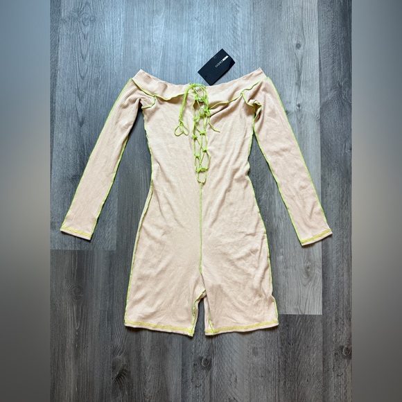 Fashion Nova Ribbed Romper Taupe Neon Green NEW Medium Edgy - Picture 2 of 11